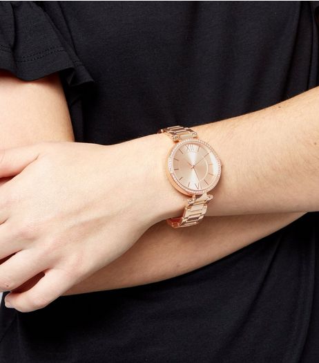 Rose Gold Crystal Trim Watch | New Look
