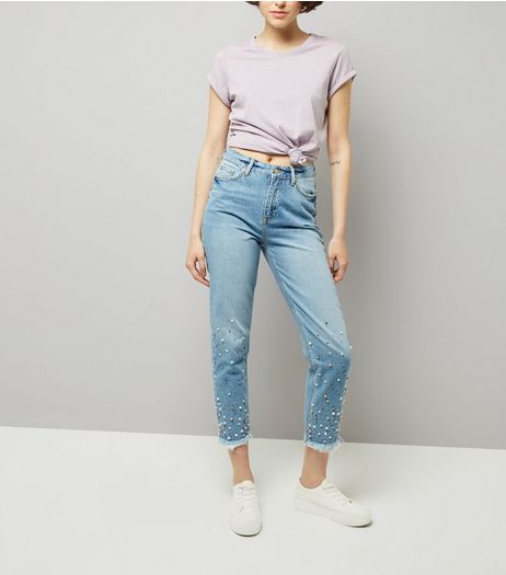 Blue Studded Mom Jeans | New Look