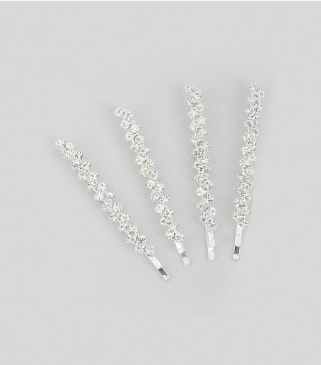 4 Pack Silver Crystal Hair Slides | New Look