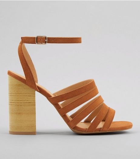Tan Multi Strap Wooden Block Heeled Sandals | New Look