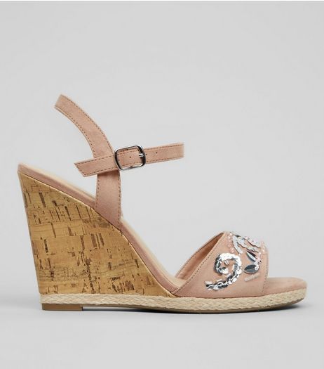 Pink Suedette 3D Floral Embellished Wedges | New Look