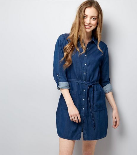 Mela Blue Long Sleeve Tie Waist Shirt Dress | New Look