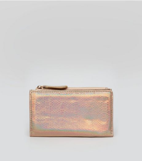 Rose Gold Holographic Snakeskin Textured Purse | New Look