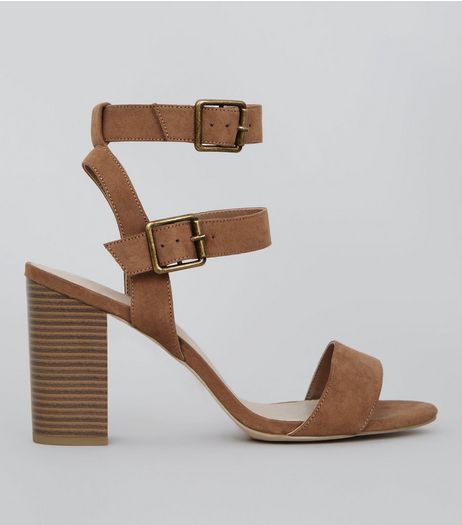 Wide Fit Tan Comfort Suedette Double Buckle Strap Heels | New Look
