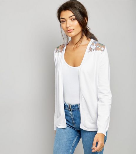 White Contrast Floral Lace Back Cardigan | New Look