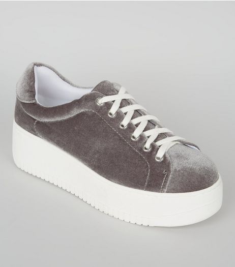 Grey Velvet Flatform Trainers | New Look
