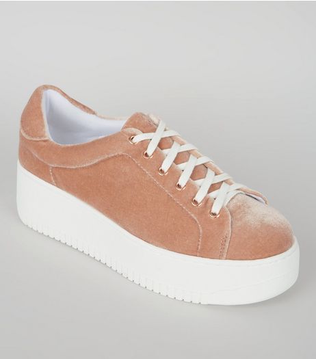 Pink Velvet Flatform Trainers | New Look