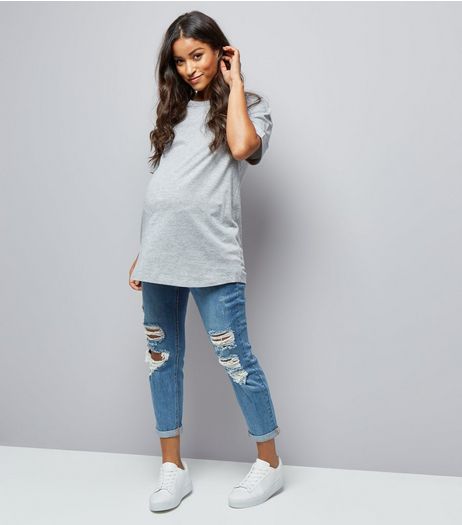 Maternity Blue Ripped Under Bump Mom Jeans | New Look