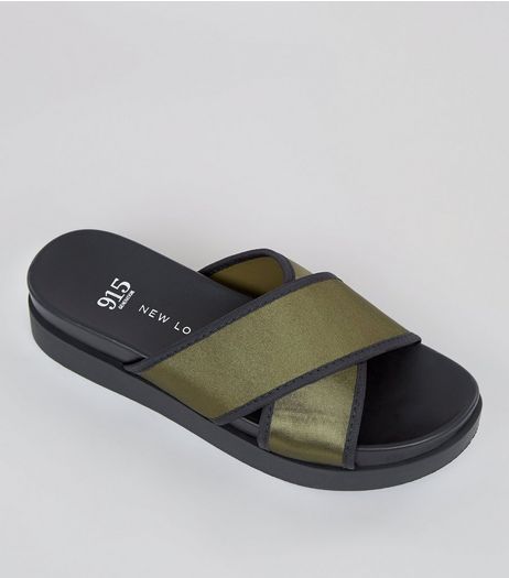 Teens Khaki Cross Strap Satin Flatform Sandals | New Look