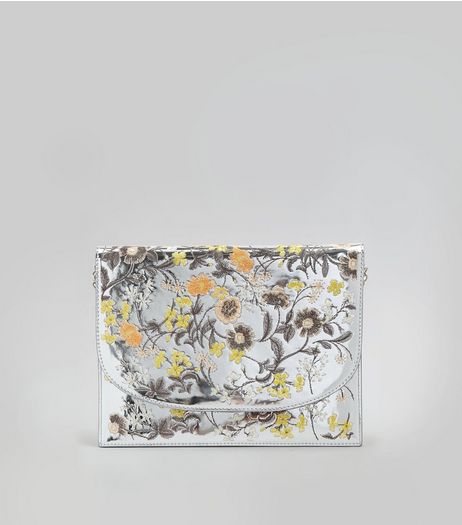 Silver Floral Embroidered Clutch Bag | New Look