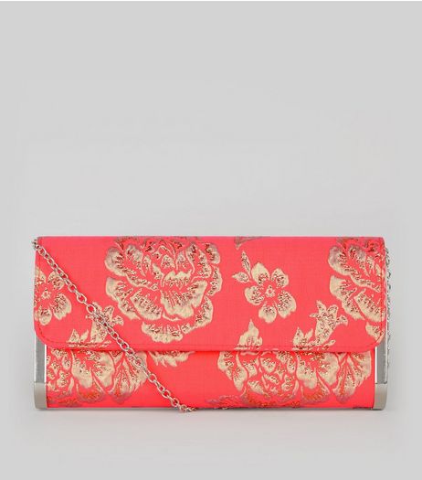 Orange Floral Brocade Metal Trim Clutch | New Look