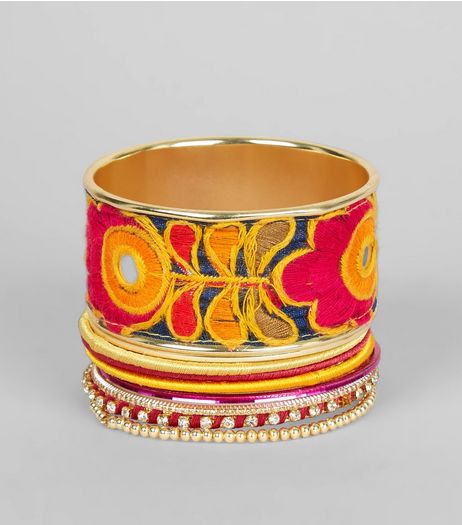 Bright Pink Embroidered Multi Bangle Pack | New Look