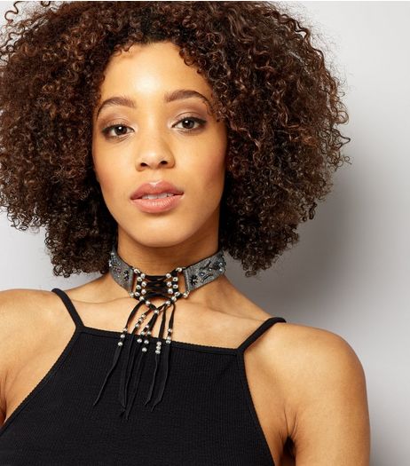 Silver Embroidered Lace Up Choker | New Look
