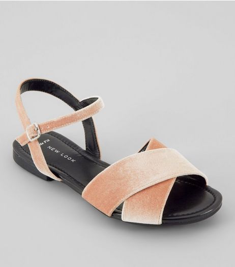 Wide Fit Pink Velvet Cross Strap Front Sandals | New Look