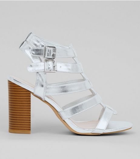Wide Fit Silver Gladiator Block Heels | New Look