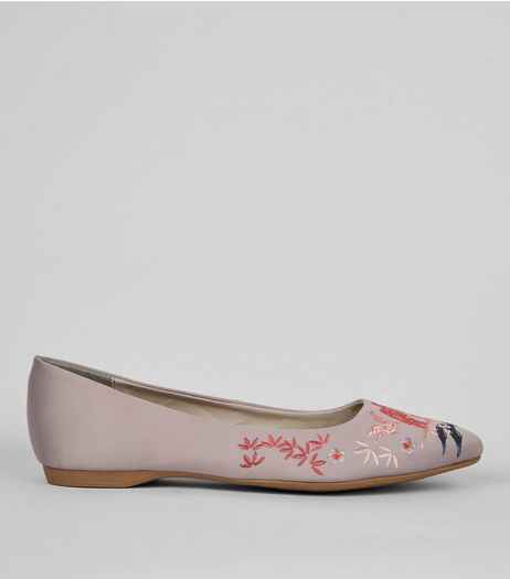 Wide Fit Grey Satin Embroidered Pointed Pumps | New Look