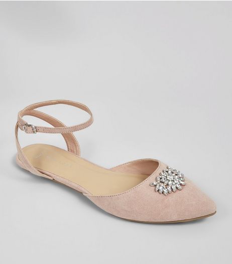 Wide Fit Pink Suedette Gem Brooch Pointed Pumps | New Look