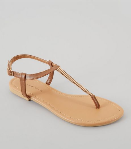 Wide Fit Tan Metal Trim Toe Post Sandals | New Look
