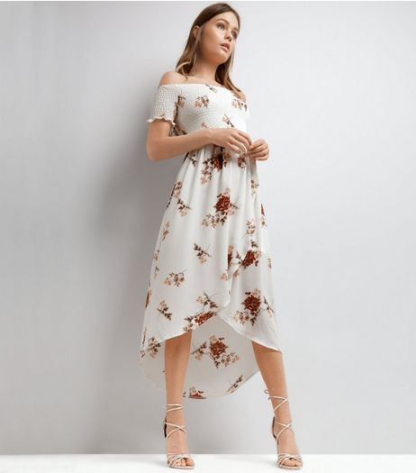 Parisian White Floral Pint Dip Hem Bardot Neck Dress | New Look