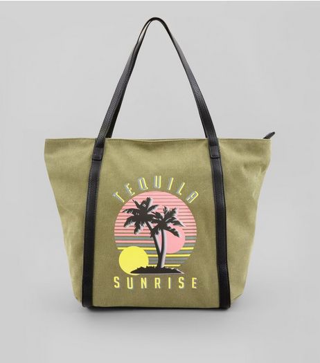 Khaki Tequila Sunrise Contrast Printed Canvas Tote | New Look