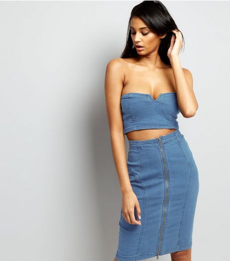 Parisian Blue Zip Front Denim Pencil Skirt | New Look