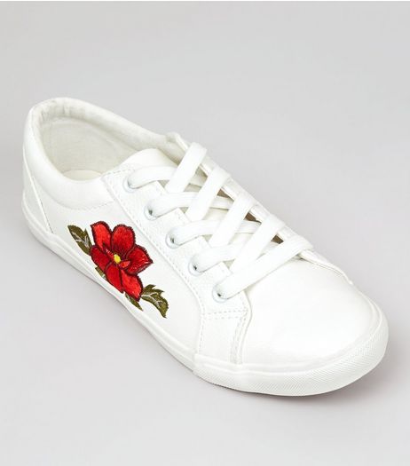 Wide Fit White Floral Embellished Lace Up Trainers | New Look