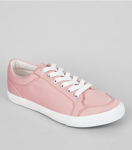 Wide Fit Pink Satin Lace Up Trainers | New Look