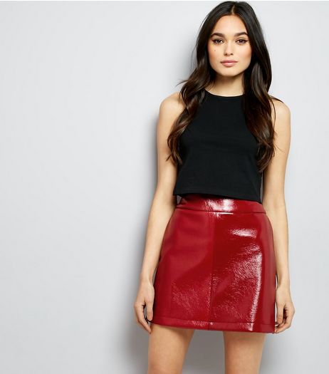Red Crackle Leather-Look A-Line Mini Skirt | New Look