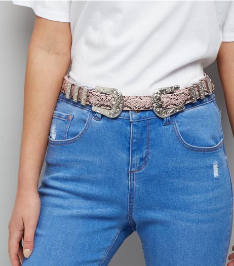 Pink Snakeskin Texture Double Buckle Western Belt | New Look