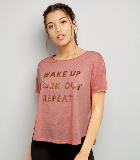 Peach Wake Up Work Out Repeat Print Sports Top | New Look