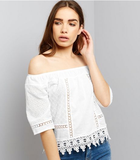 Parisian White Crochet Lace Trim Bardot Neck Top | New Look
