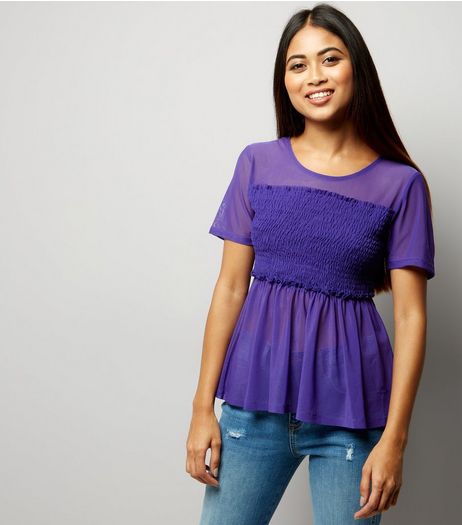 Petite Purple Shirred Mesh Top | New Look