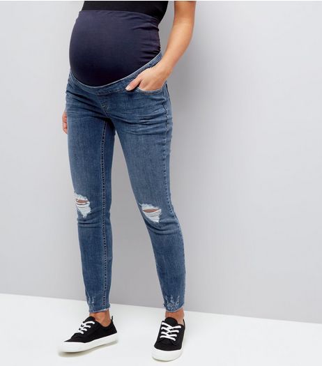 Maternity Blue Over Bump Ripped Knee Skinny Jeans | New Look