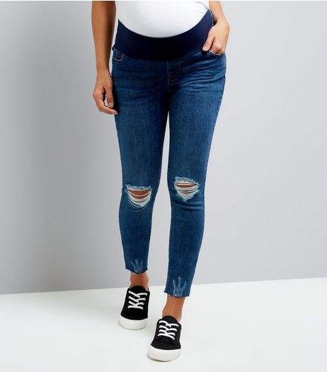 Maternity Blue Under Bump Ripped Knee Skinny Jeans | New Look