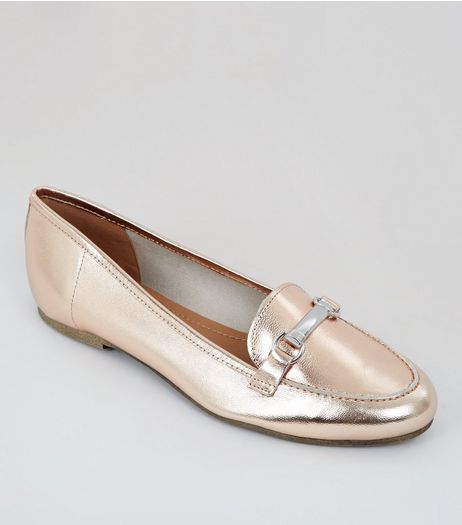 Rose Gold Metallic Leather Snaffle Trim Loafers | New Look