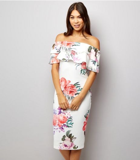 Parisian White Floral Print Bardot Neck Dress | New Look