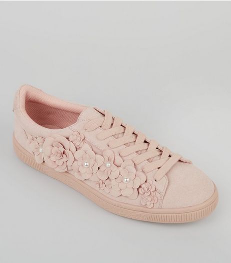 Pink Suedette 3D Flower Trainers | New Look