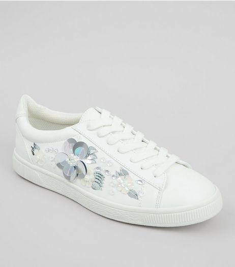 White 3D Floral Embellished Lace Up Trainers | New Look