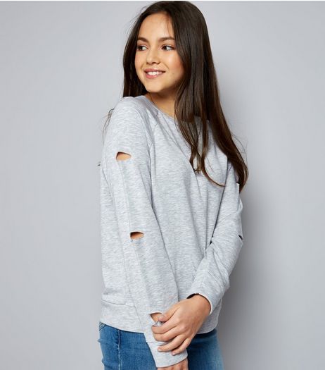 Teens Grey Ripped Sleeve Sweater | New Look