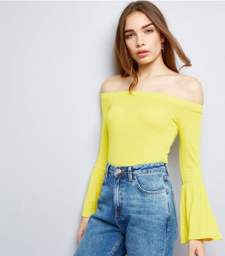 Yellow Ribbed Bell Sleeve Bardot Neck Top | New Look