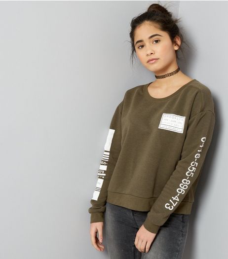 Teens Khaki Phone Number Print Sleeve Sweater | New Look