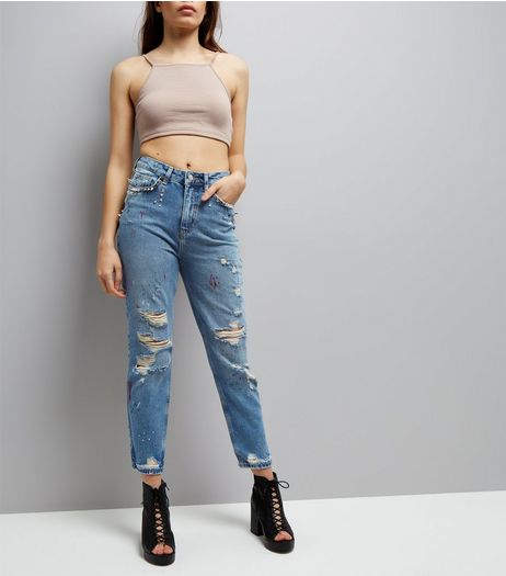 Blue Ripped Stud Trim Mom Jeans | New Look