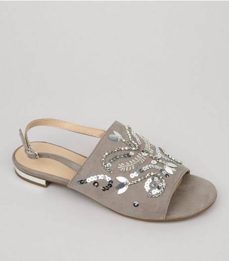 Grey Suedette Embellished Sling Back Mules | New Look