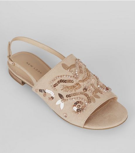Nude Pink Suedette Embellished Sling Back Mules | New Look