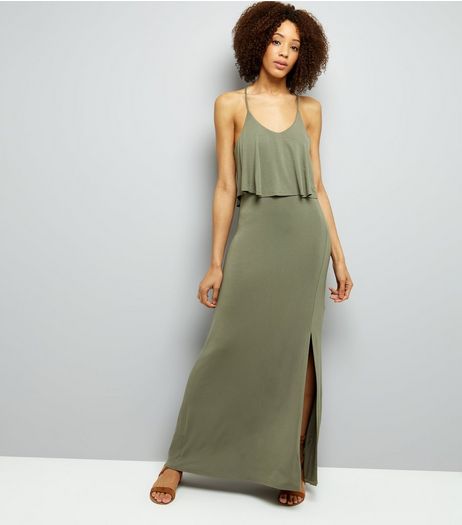 Khaki Layered Cross Strap Back Maxi Dress | New Look