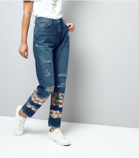 Blue Ripped Foil Print Tori Mom Jeans | New Look
