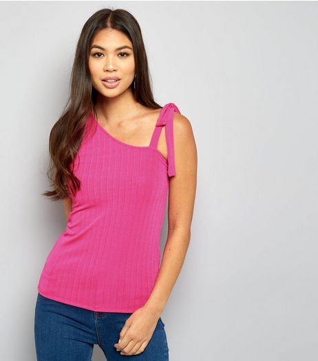 Bright Pink Cut Out Tie Shoulder Top | New Look