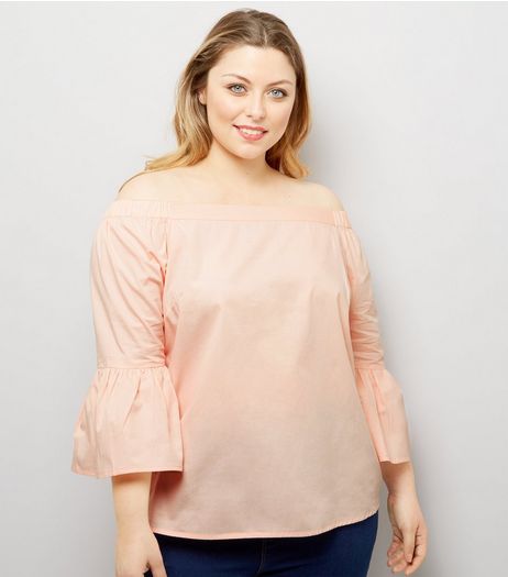 Curves Shell Pink Bell Sleeve Bardot Neck Top | New Look