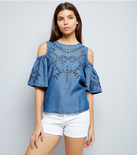 Blue Embroidered Cold Shoulder Top | New Look
