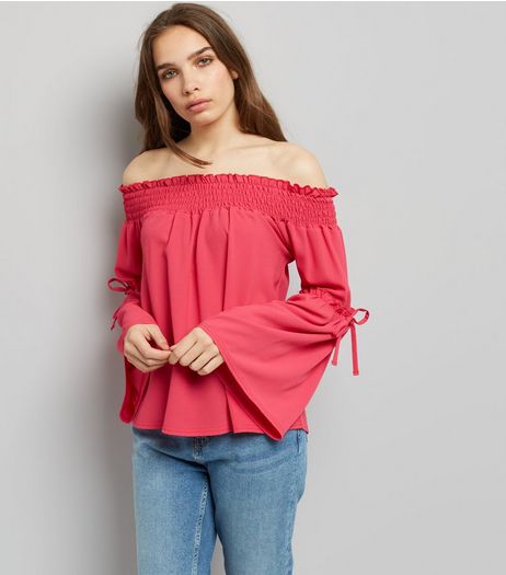 Bright Pink Shirred Bardot Neck Bell Sleeve Top | New Look